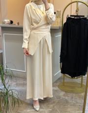 ghisa önden bağlamalı rahat tasarım tunik pantolon takım ekru 3