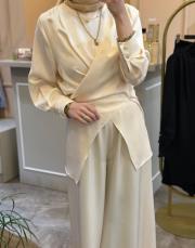 ghisa önden bağlamalı rahat tasarım tunik pantolon takım ekru 4